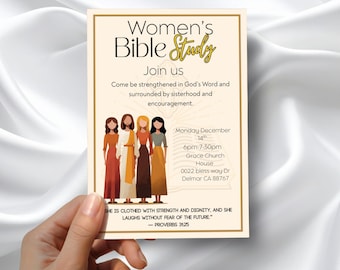 Op de afbeelding: Een rechthoekige flyer voor een Bijbelstudie voor vrouwen met een illustratie van vier figuren in lange jurken. De tekst luidt: Women's Bible Study, Join us, Come be strengthened in God's Word, Monday December 14th, 6pm-7:30pm, Grace Church House, 0022 bless way Dr, Delmar CA 88767, en Proverbs 31:25.