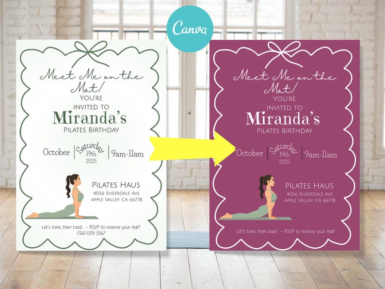 Pilates Party Invitation: Editable Fitness Birthday, Bachelorette, or Spa Day (CANVA Template 5x7) image 3