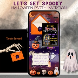 May include: A digital Halloween party invitation displayed on a smartphone and tablet screen. The design features orange envelopes, a haunted house, pumpkins, ghosts, a skeleton hand, and text reading Let's Get Spooky, You're Invited, and party details.