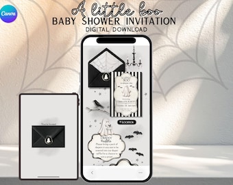 May include: A digital baby shower invitation displayed on a smartphone and tablet screen. The design features a black and white striped theme with ghost illustrations, a spiderweb envelope, bats, and text reading A little boo is almost due.