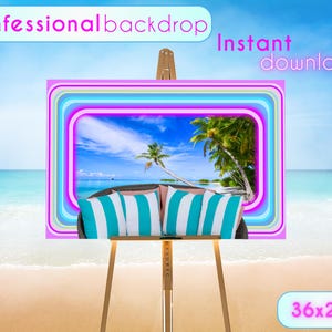 May include: A digital backdrop featuring a tropical beach scene with palm trees, blue water, and white sand. The backdrop is framed with a colorful border and includes the text "Confessional backdrop" and "Instant download". The backdrop measures 91x61 cm.