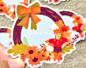 Thank you sticker, holiday wreath sticker, Die cut Thank you label for mail, envelope, gift