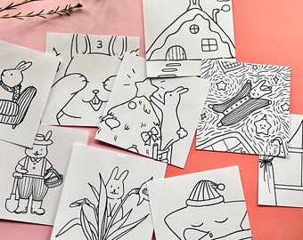 Mini bunny Coloring book with 9 designs and 18 sheets, cute bunny coloring pages 3"*3"