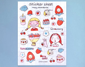 Strawberry stickers- Cute planner sticker sheet, illustrated sticker sheet, school supply