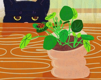 Impresión digital: gato y mariquita, tarjeta de felicitación imprimible, arte de pared