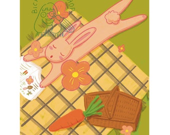 Reading more in spring digital print, spring bunny picnic prints, greeting card, thank you card, wall art, desktop art