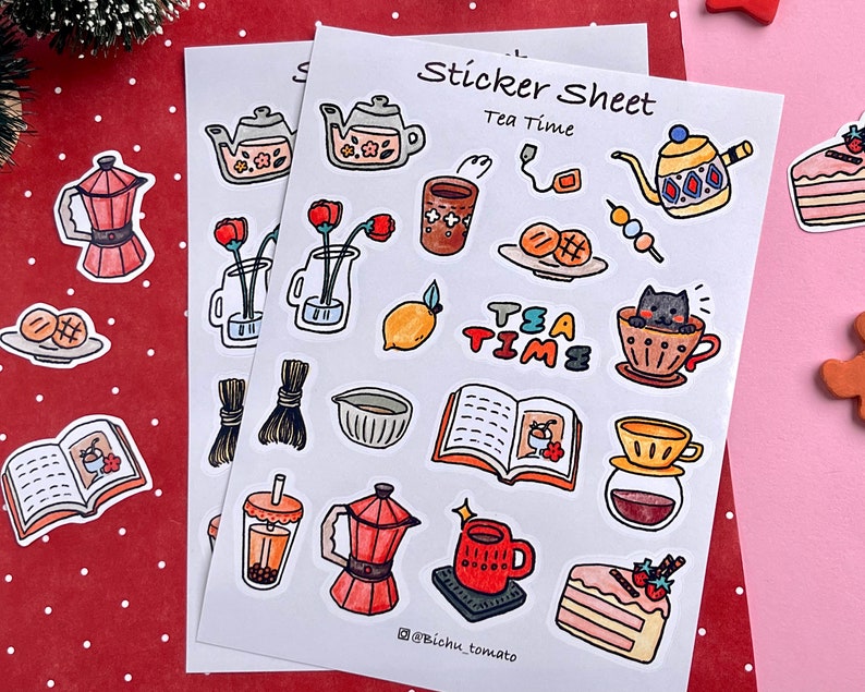 Winter tea time sticker sheet, cute planner sticker sheet, Cat stickers, Christmas stocking stuffer image 1