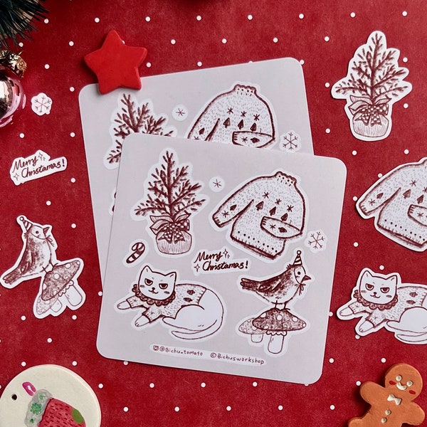 Cozy winter planner stickers, cat and Christmas tree stickers, Christmas vibe stickers, Christmas stocking stuffers, gift for cat lovers