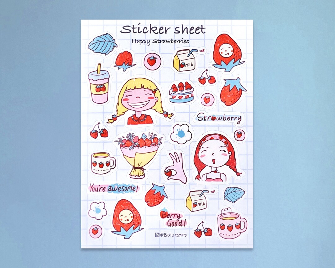 Strawberry Stickers- Cute Planner Sticker Sheet, Illustrated Sticker ...