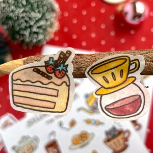 Winter tea time sticker sheet, cute planner sticker sheet, Cat stickers, Christmas stocking stuffer washi sticker paper