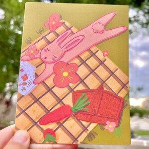 Mehr lesen im Frühling, Frühlingshäschenpicknick, Grußkarte, Dankeskarte, Wandkunst, Desktophintergrund