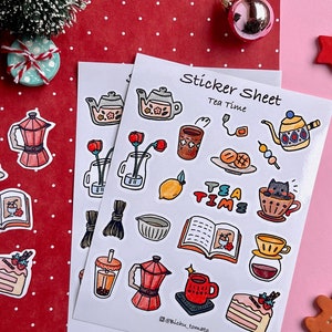 Winter tea time sticker sheet, cute planner sticker sheet, Cat stickers, Christmas stocking stuffer image 2