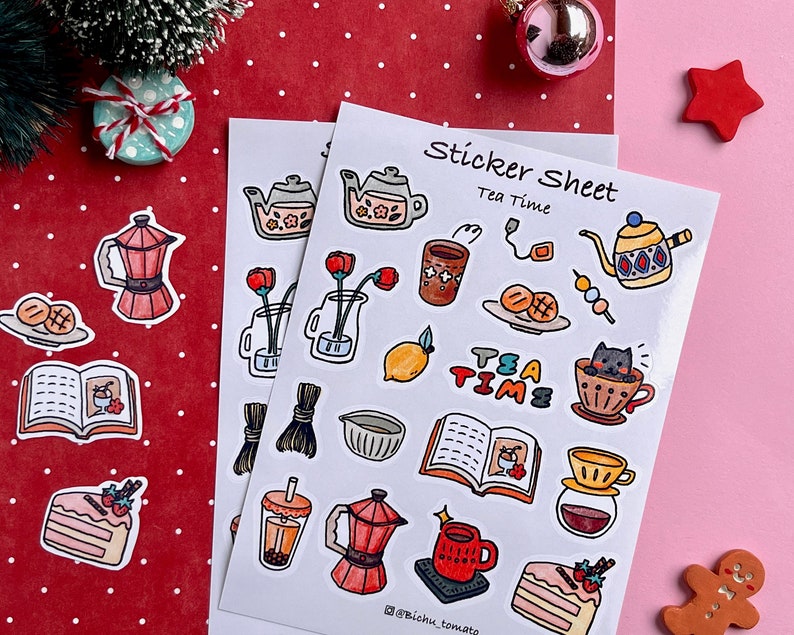 Winter tea time sticker sheet, cute planner sticker sheet, Cat stickers, Christmas stocking stuffer image 2