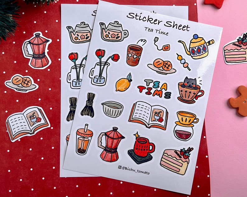 Winter tea time sticker sheet, cute planner sticker sheet, Cat stickers, Christmas stocking stuffer image 3