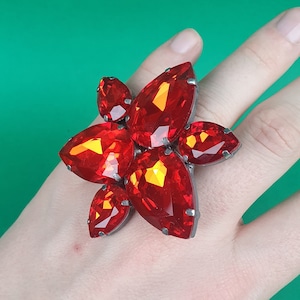 Handmade Large Crystal Adjustable Ring, Drag, Costume Jewellery