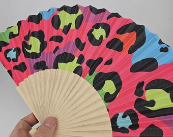 Handheld Rainbow Leopard Folding Fan - Compact Bamboo Fan for Festivals, Holidays & Summer Days