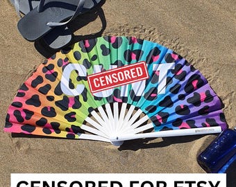 Abanico gigante de bambú CUNT, que incluye una bolsa con cordón. Fanático de festivales, Fanático de eventos, Fanático del Orgullo, Fanático de actuaciones, Fanático del drag