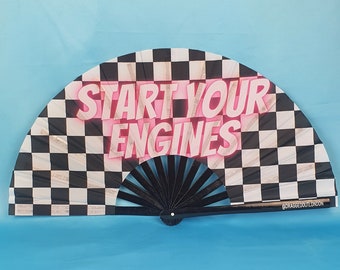 START YOUR ENGINES Giant Bamboo Clack Fan. Including a Draw String Bag. Festivals Fan, Events Fan, Pride Fan, Performance Fan, Drag Fan