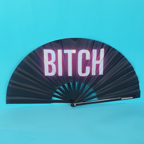 BITCH Giant Bamboo Clack Fan UV Enabled, Including a Draw String Bag. Festivals Fan, Events Fan, Pride Fan, Performance Fan, Drag Fan