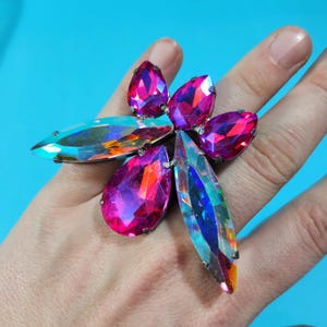 Large Crystal Cocktail Ring. Adjustable Ring, Drag Ring, Crystal Ring
