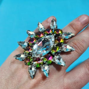 Large Crystal Cocktail Ring. Adjustable Ring, Drag Ring, Crystal Ring