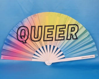 QUEER LGBTQ+ Giant Bamboo Clack Fan, Including a Draw String Bag. Festivals Fan, Events Fan, Pride Fan, Performance Fan, Drag Fan
