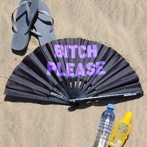 Abanico gigante de bambú "POR FAVOR", incluye bolsa con cordón. Abanico para festivales, eventos, orgullo, espectáculos y drag.