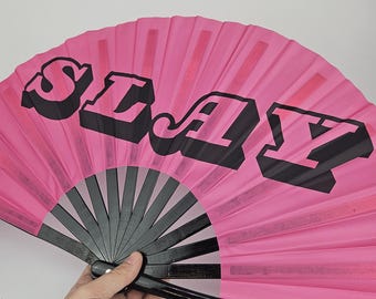 Abanico gigante de bambú SLAY, incluye una bolsa con cordón. Abanico para festivales, eventos, orgullo, espectáculos y drag