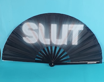 SLUT Giant Bamboo Clack Fan, Including a Draw String Bag. Festivals Fan, Events Fan, Pride Fan, Performance Fan, Drag Fan