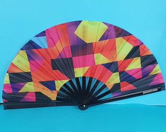 Geometric Giant Bamboo Clack Fan, Including a Draw String Bag. Festivals Fan, Events Fan, Pride Fan, Performance Fan, Drag Fan