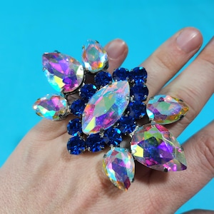 Large Crystal Cocktail Ring, With Blue Swarovski Crystals. Adjustable Ring, Drag Ring, Crystal Ring