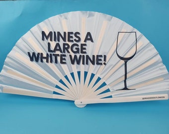 Mines A White a Wine Fan, Including a Draw String Bag. Festivals Fan, Events Fan, Pride Fan, Performance Fan, Drag Fan