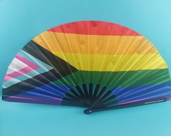 PROGRESSIVE PRIDE FLAG Giant Bamboo Clack Fan. Including a Draw String Bag. Festivals Fan, Events Fan, Pride Fan, Performance Fan, Drag Fan