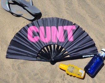 CUNT Giant Bamboo Clack Fan, Including a Draw String Bag. Festivals Fan, Events Fan, Pride Fan, Performance Fan, Drag Fan