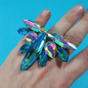 Large Crystal Cocktail Ring. Adjustable Ring, Drag Ring, Crystal Ring