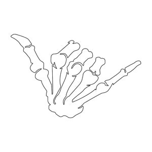 May include: A line drawing of a skeleton hand making the shaka sign, a popular Hawaiian gesture of peace, good vibes, and aloha.