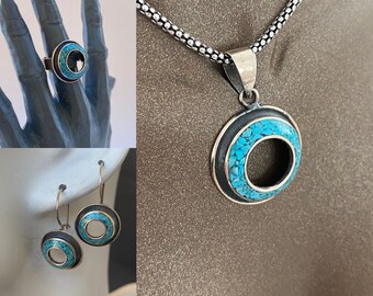 Sterling Silver Turquoise Inlay Jewelry Set, Unique Dainty Mosaic Turquoise Ring Pendant Earrings,Genuine Jewelry Set,Boho Turquoise Jewelry