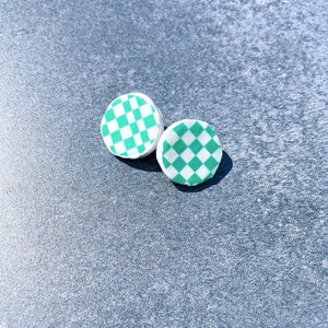 Handmade Recycled Paper Earrings, Vegan and Unique Earrings, Green Checkerboard 135 image 1