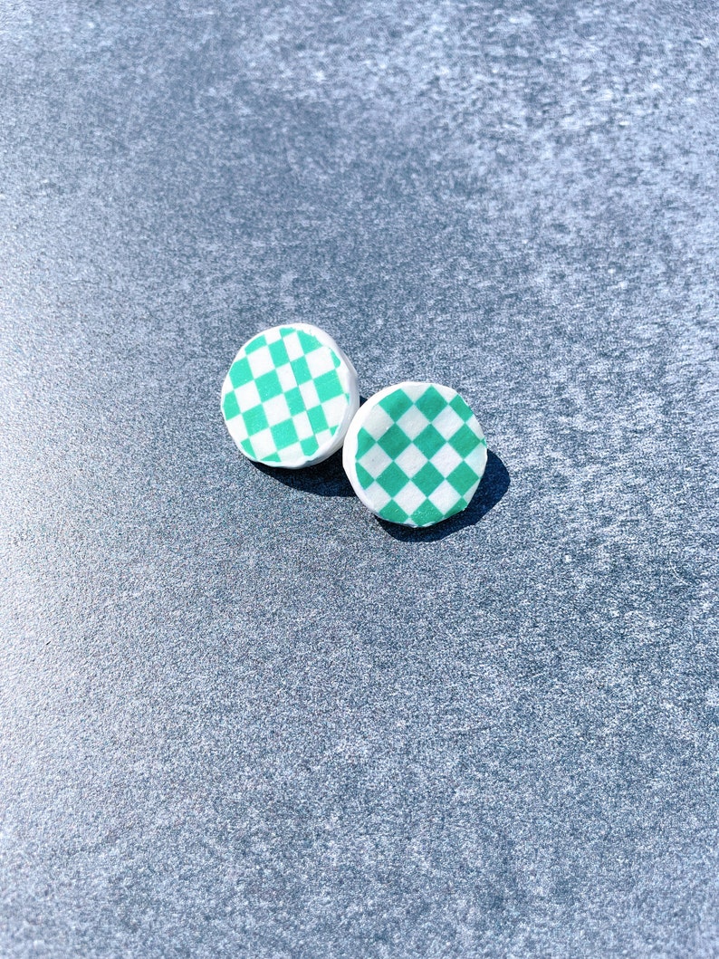 Handmade Recycled Paper Earrings, Vegan and Unique Earrings, Green Checkerboard 135 image 1