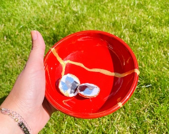 Kintsugi Bowl, Red Ceramic Bowl, Trinket Dish (144)