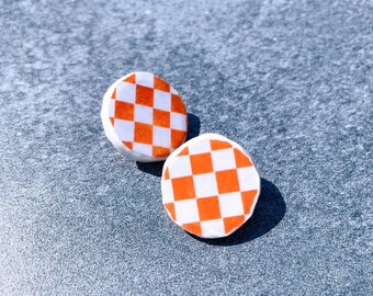 Handmade Recycled Paper Earrings, Vegan and Unique Earrings, Orange Checkerboard (132)