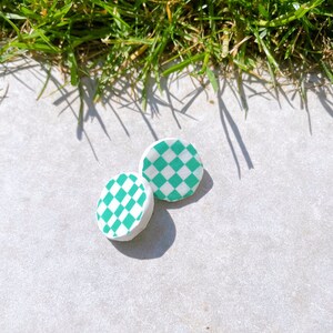 Handmade Recycled Paper Earrings, Vegan and Unique Earrings, Green Checkerboard 135 image 2