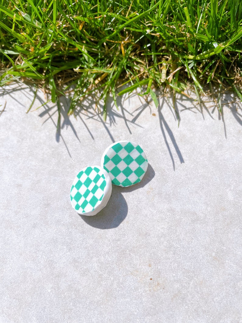 Handmade Recycled Paper Earrings, Vegan and Unique Earrings, Green Checkerboard 135 image 2