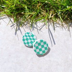 Handmade Recycled Paper Earrings, Vegan and Unique Earrings, Green Checkerboard 135 image 3