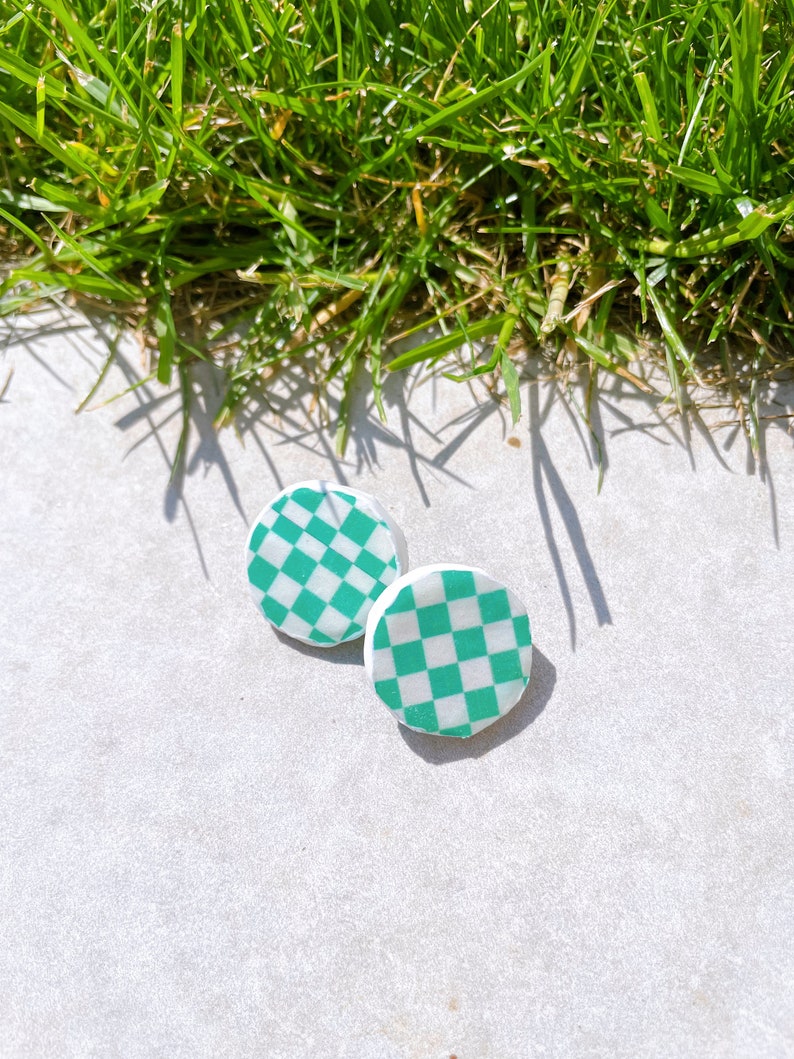 Handmade Recycled Paper Earrings, Vegan and Unique Earrings, Green Checkerboard 135 image 3