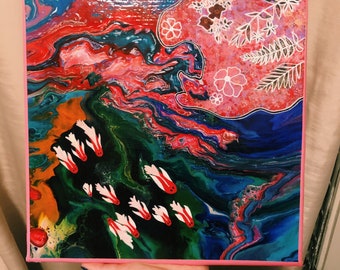 Art acrylique peint à la main dans l’étang psychédélique