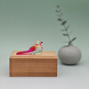 Hand Blown Glass Bird Figurine: Miniature Sculpture, Pink & Yellow