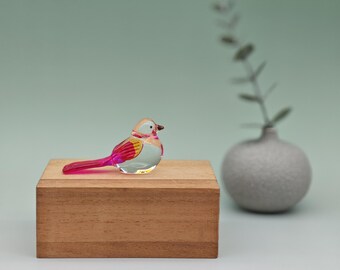Hand Blown Glass Bird Figurine: Miniature Sculpture, Pink & Yellow
