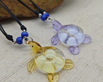 Blown Glass Turtle Pendant Necklace: Adjustable Cord