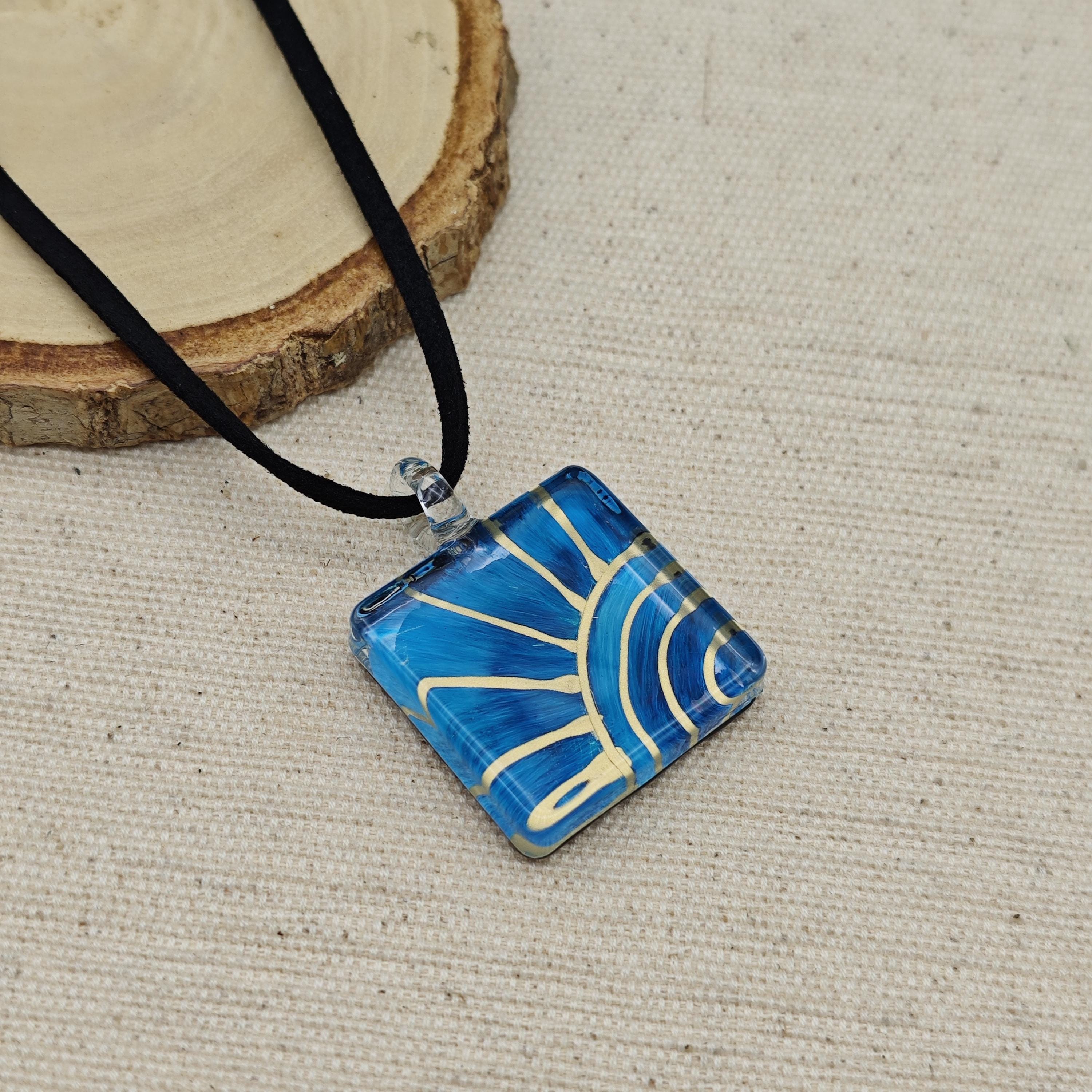 Blue and gold pendant necklace-crazy colourful necklace-handpainted jewellery-Blue Square Pendant Necklace